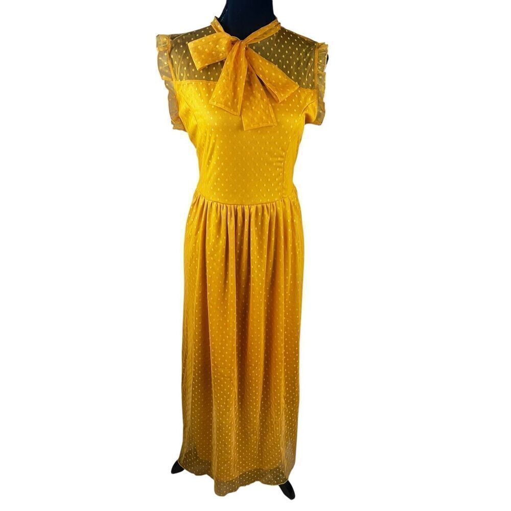 Carla Conti woman’s XL yellow gold Swiss dot 70’s inspired sheer neck bow dress